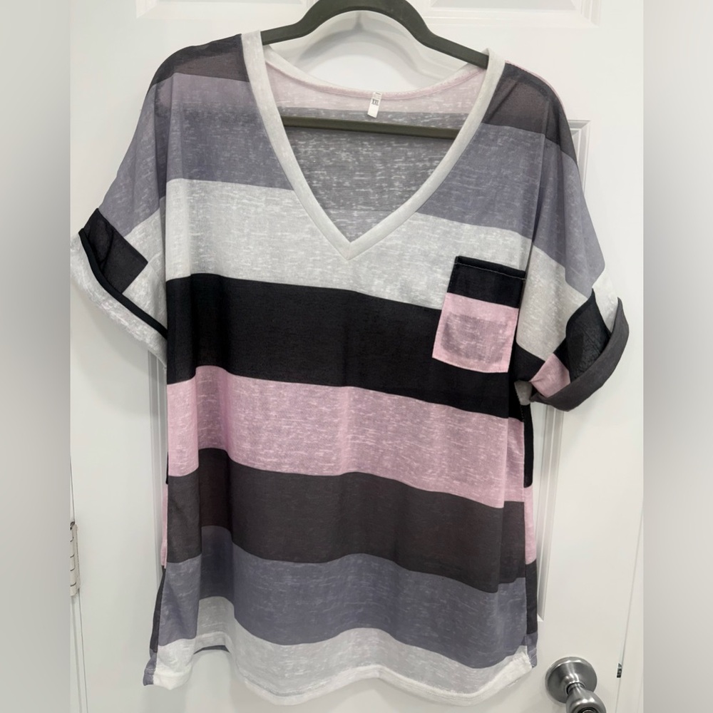 Striped V-Neck Women’s Top - Black, Gray, Pink